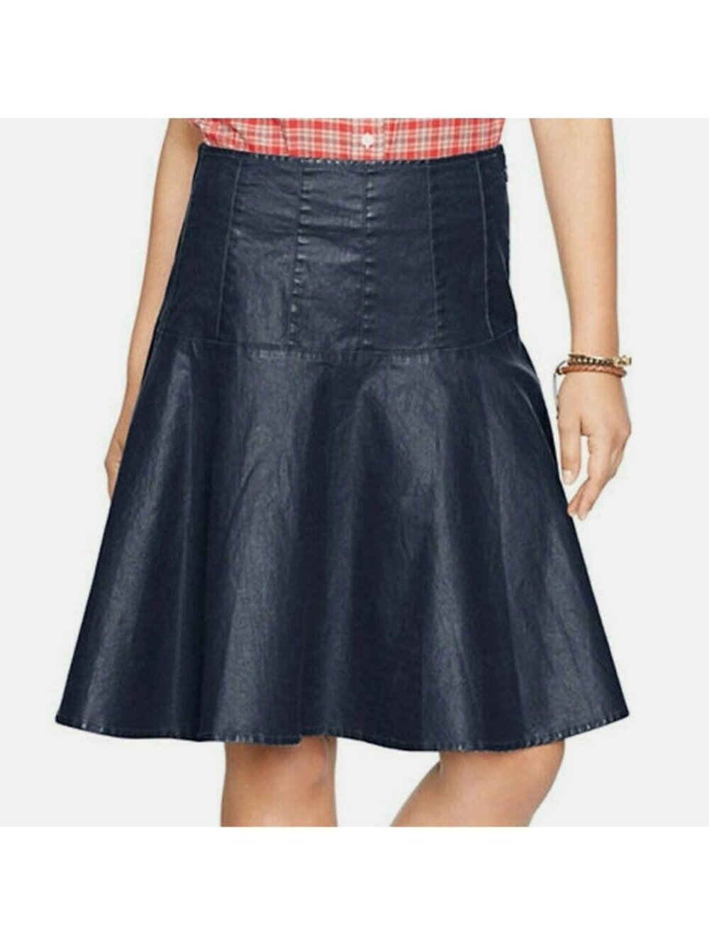Lauren Ralph Lauren Sz 14 Navy Blue Coated Waxed Denim A-Line Skirt Side Zip Fla